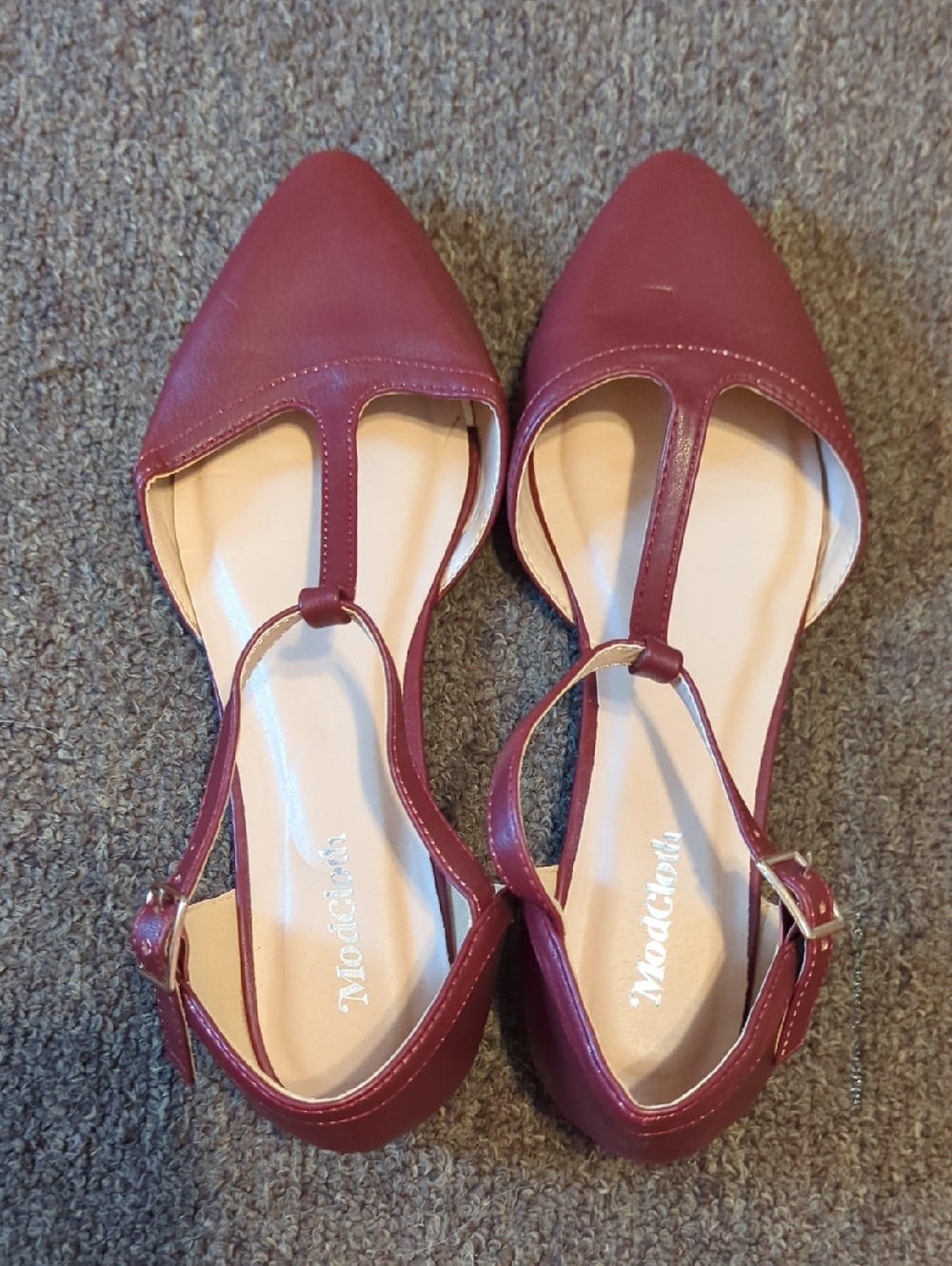 ModCloth Burgundy T-Strap Pointed Toe Flats